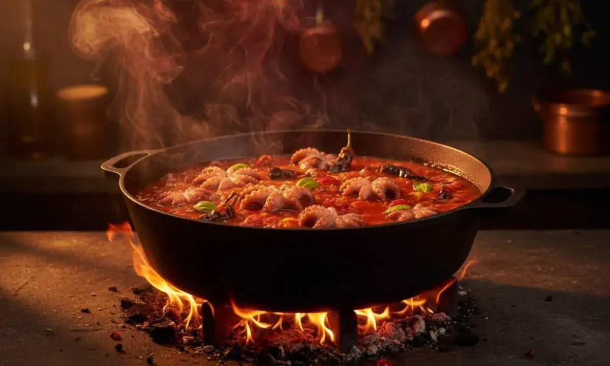 Polipetti in purgatorio, cotti lentamente in un sugo rosso piccante, emanano un vapore invitante.