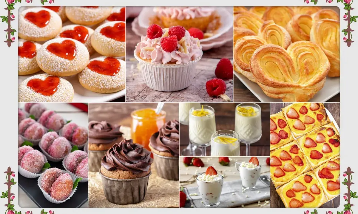 Dolci per la festa della mamma: biscotti a cuore, cupcake, pasticcini sfogliati, dolcetti alla pesca, mousse e crostata di fragole.