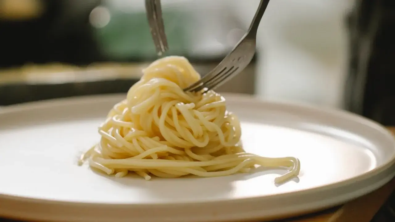 Spaghetti al limone serviti su un piatto bianco, con due forchette che raccolgono la pasta.