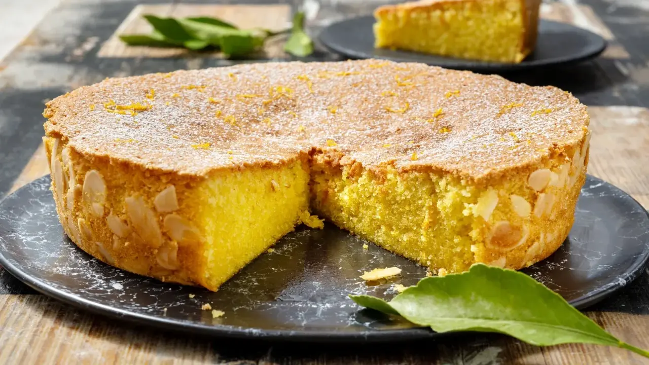 Deliziosa caprese al limone, con mandorle tostate sui bordi e scorzetta d'arancia in superficie, cosparsa di zucchero a velo.