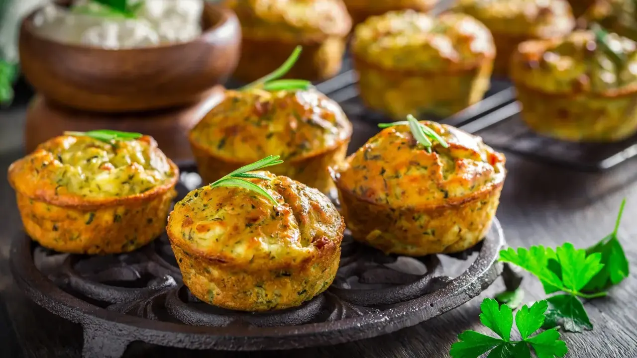 Tortini di zucchine dorati e fragranti, guarniti con rosmarino, su un piatto di ghisa. Sullo sfondo, una ciotola di formaggio fresco.