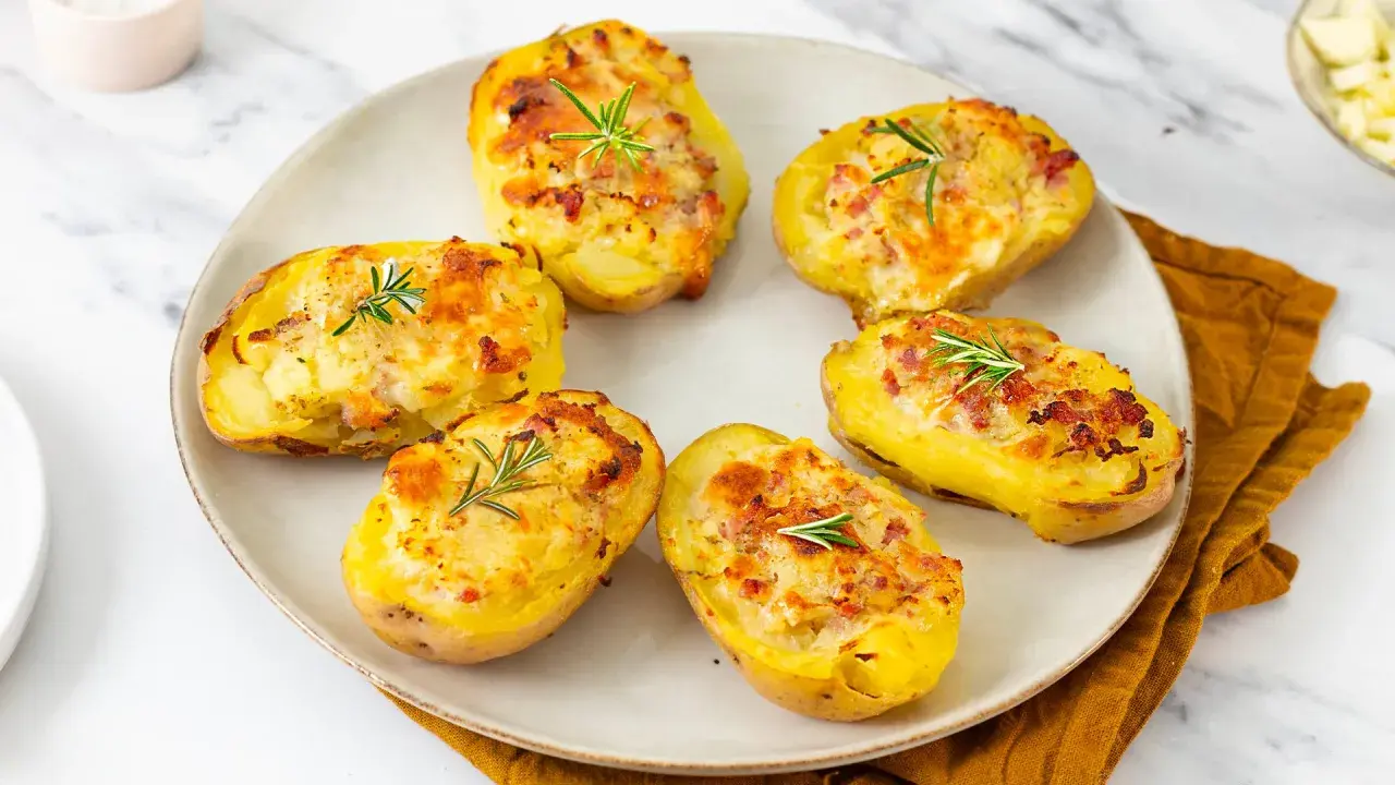 Patate ripiene al forno, dorate e gratinate, guarnite con rosmarino fresco. Un piatto invitante e saporito.