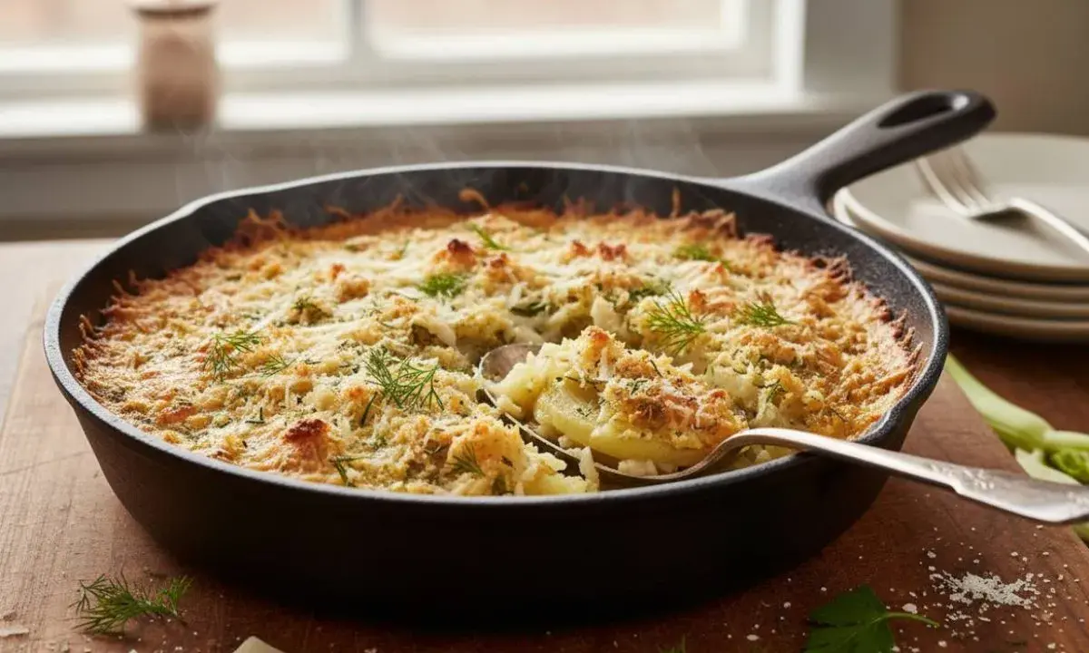 Finoçchi gratinati al forno fumanti in padella, con crosticina dorata e erbe fresche. Un piatto invitante e saporito.