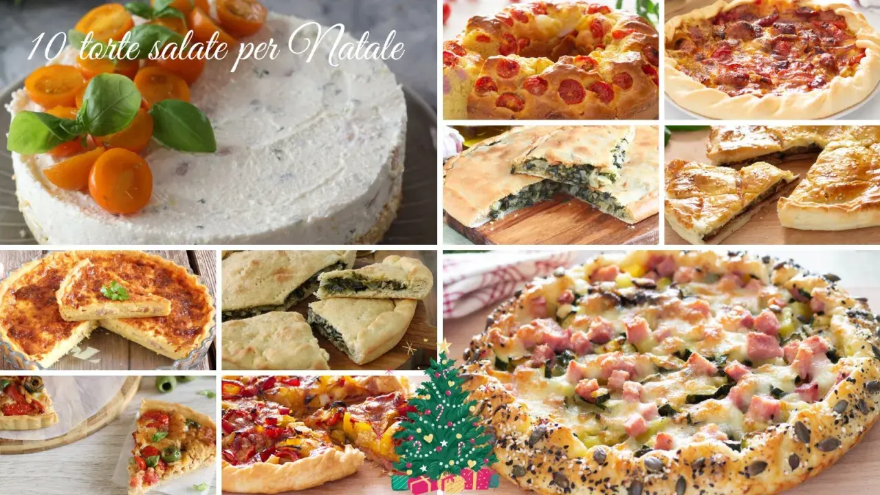 Collage di torte salate e pizze, perfetti antipasti di Natale. Diverse varietà, alcune con pomodorini, spinaci, formaggio e salumi.
