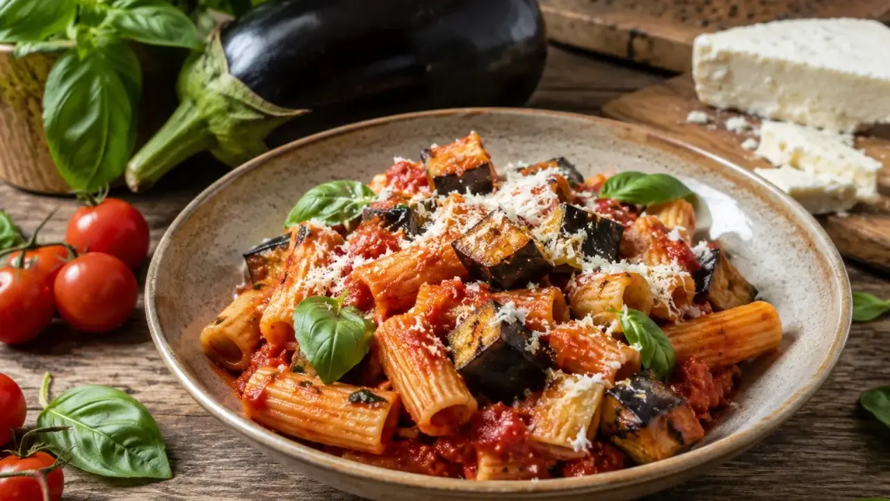 Piatto di pasta alla norma con melanzane fritte, pomodoro e basilico fresco, spolverato di ricotta salata.