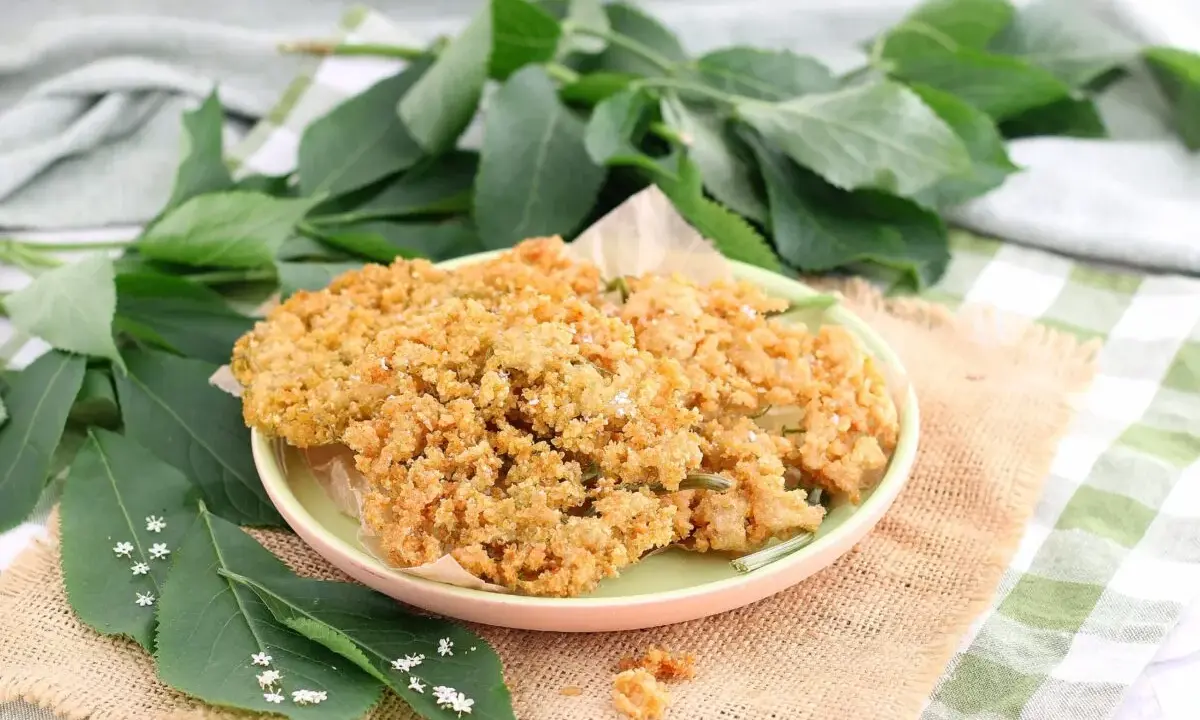 Piatto di fiori di sambuco fritti, dorati e croccanti, guarniti con sale e accompagnati da foglie verdi e piccoli fiori bianchi.