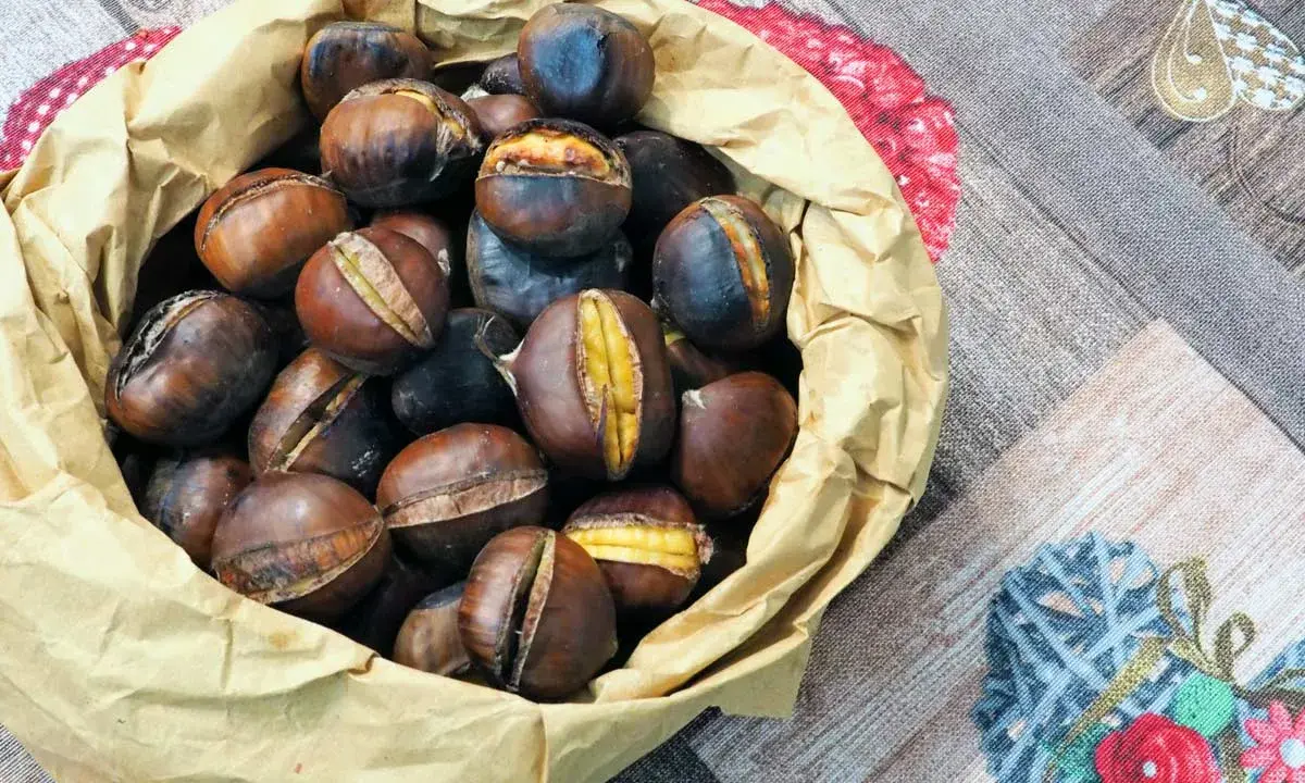 Castagne appena cotte nella friggitrice ad aria, pronte per essere gustate.