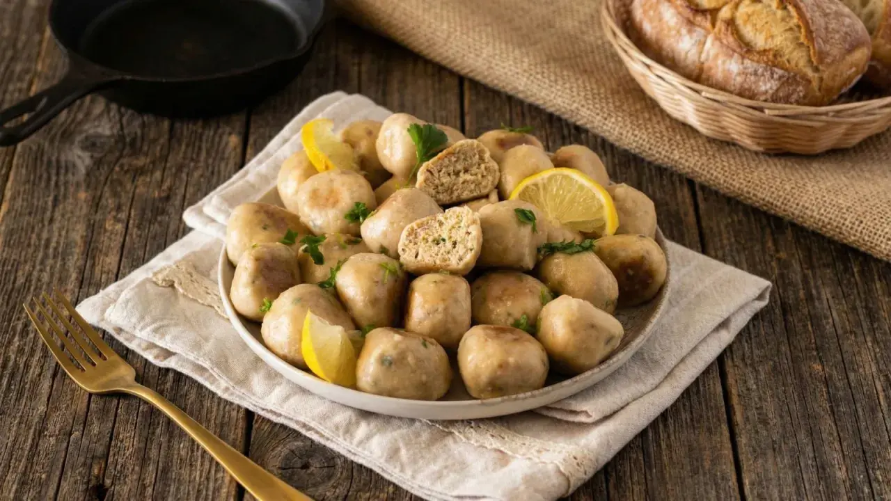 Piatto di polpette tonno e ricotta, guarnite con limone e prezzemolo, su un tavolo di legno rustico.