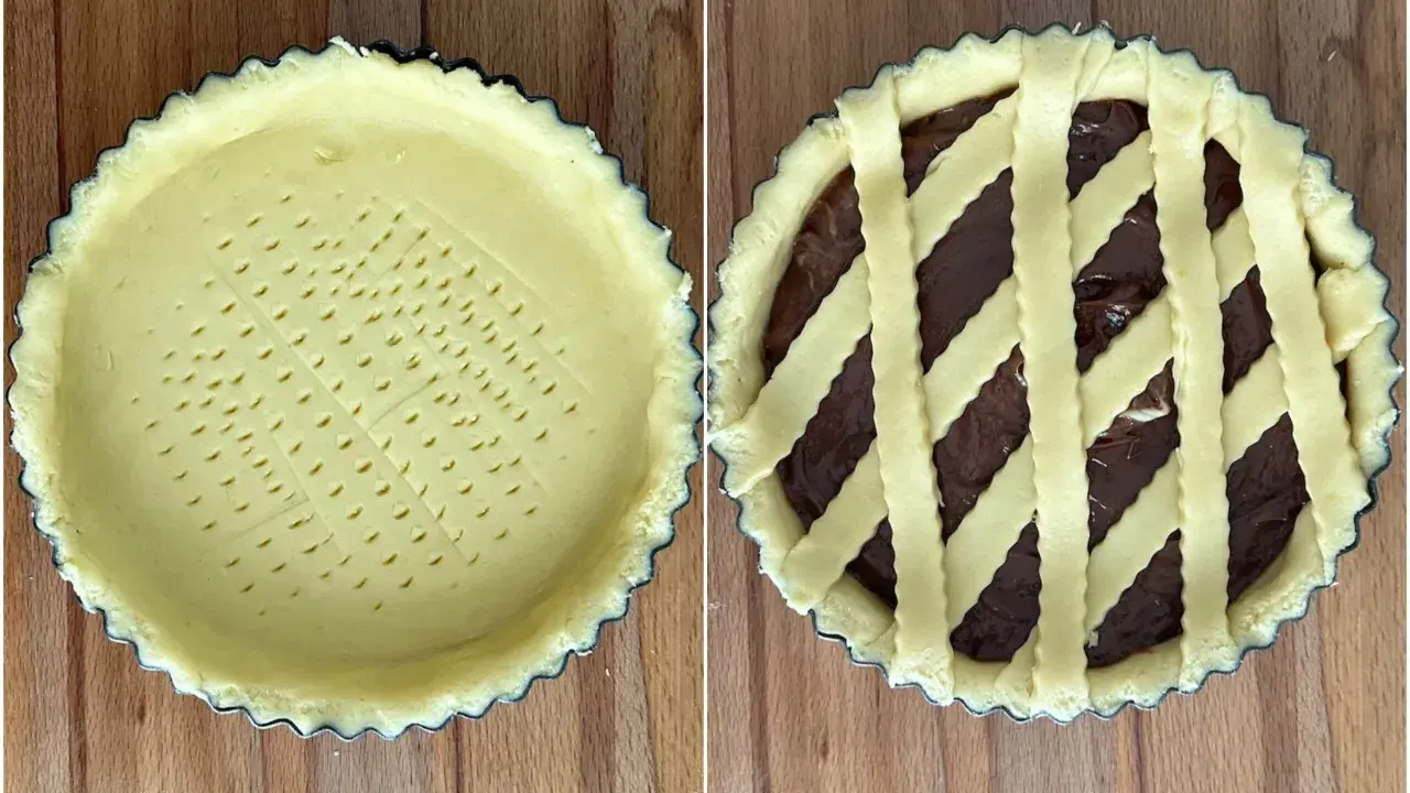 Due immagini affiancate: una crostata con crema pasticcera vuota e forata, l'altra con ripieno di crema al cioccolato e decorazione a griglia.