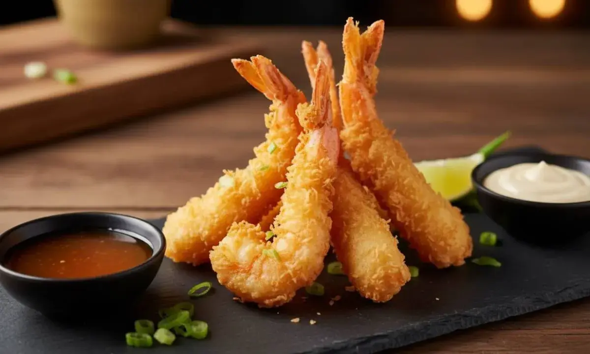 Gamberi in tempura dorati e croccanti, serviti con salse e lime. Un piacere per il palato.