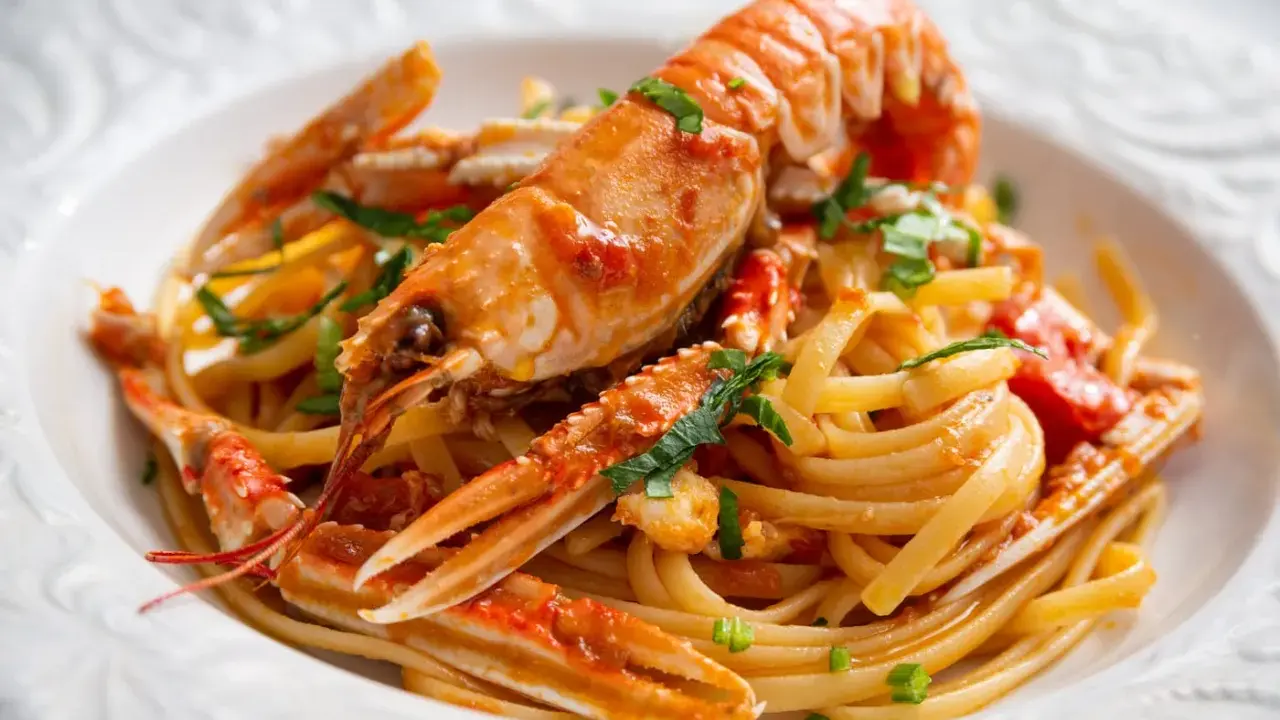 Un piatto invitante di linguine agli scampi, con pasta fresca e scampi succulenti conditi con un sugo saporito e prezzemolo tritato.