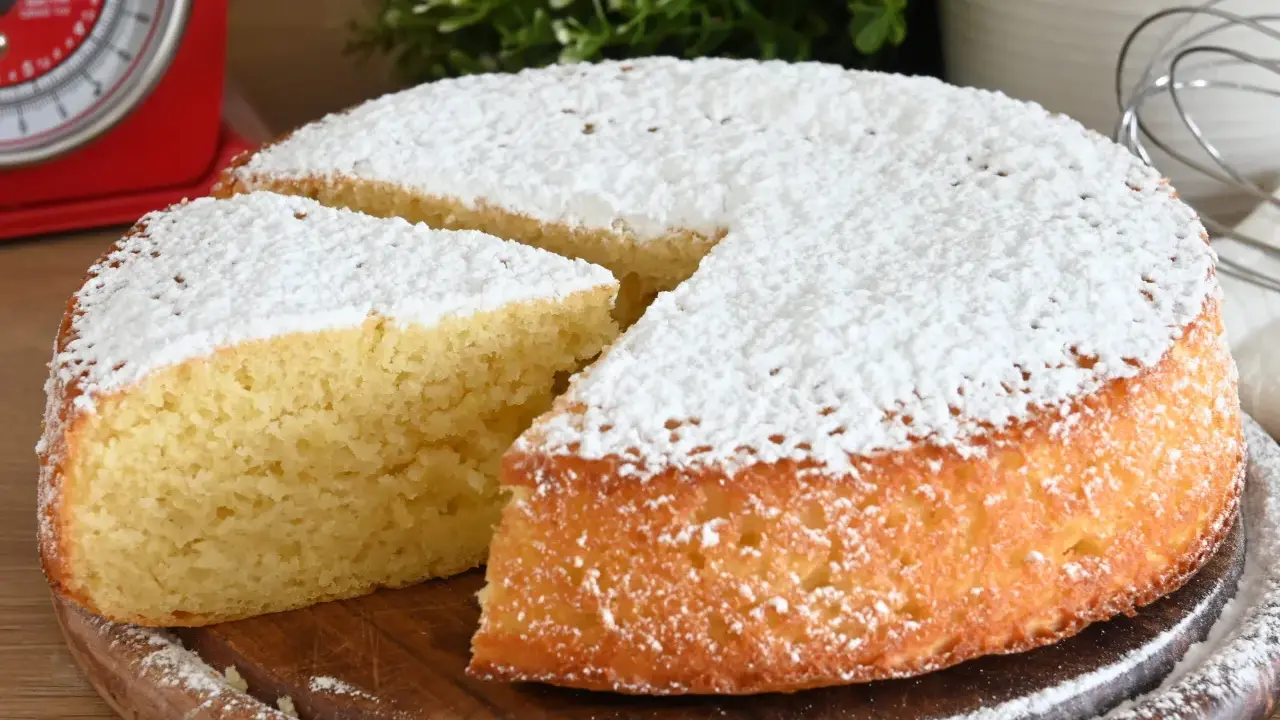 Una fetta di torta allo yogurt soffice, cosparsa di zucchero a velo, pronta per essere gustata.