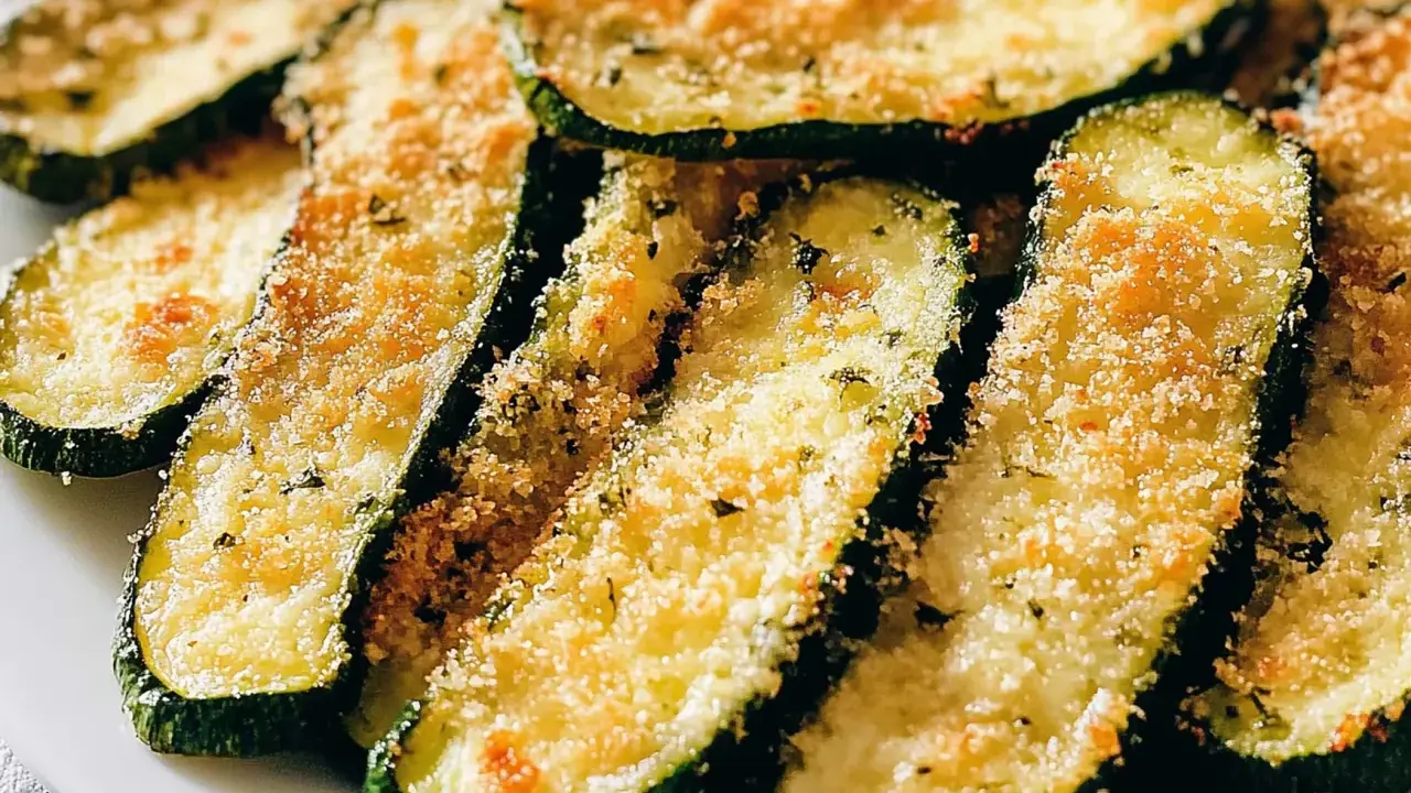 Fette di zucchine gratinate in padella, dorate e croccanti, con pangrattato e erbe aromatiche.