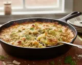 Finoçchi gratinati al forno fumanti in padella, con crosticina dorata e erbe fresche. Un piatto invitante e saporito.