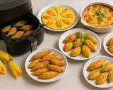 Fiori di zucca in friggitrice ad aria, dorati e croccanti, pronti per essere gustati. Un piatto leggero e saporito.