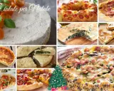 Collage di torte salate e pizze, perfetti antipasti di Natale. Diverse varietà, alcune con pomodorini, spinaci, formaggio e salumi.