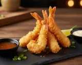 Gamberi in tempura dorati e croccanti, serviti con salse e lime. Un piacere per il palato.