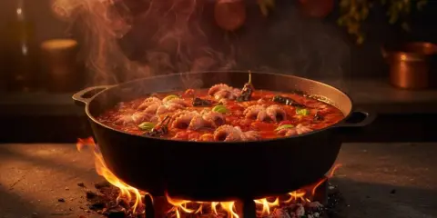 Polipetti in purgatorio, cotti lentamente in un sugo rosso piccante, emanano un vapore invitante.