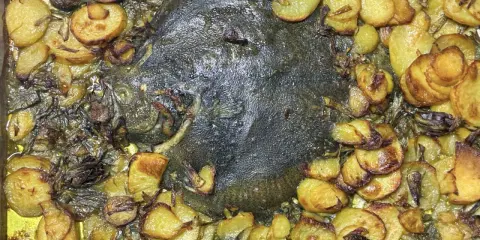 Rombo al forno con patate dorate e cipolle caramellate, un piatto succulento e profumato pronto per essere gustato.