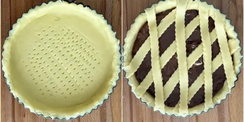 Due immagini affiancate: una crostata con crema pasticcera vuota e forata, l'altra con ripieno di crema al cioccolato e decorazione a griglia.