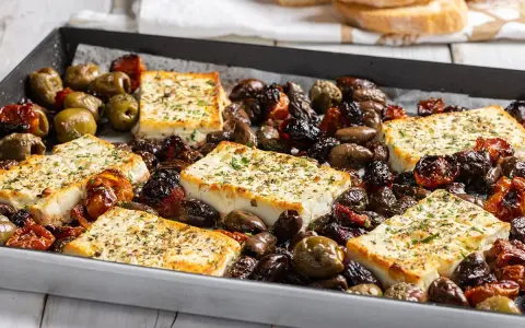Feta al forno con olive e pomodorini secchi, un piatto saporito e profumato, pronto per essere gustato.