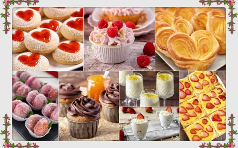 Dolci per la festa della mamma: biscotti a cuore, cupcake, pasticcini sfogliati, dolcetti alla pesca, mousse e crostata di fragole.