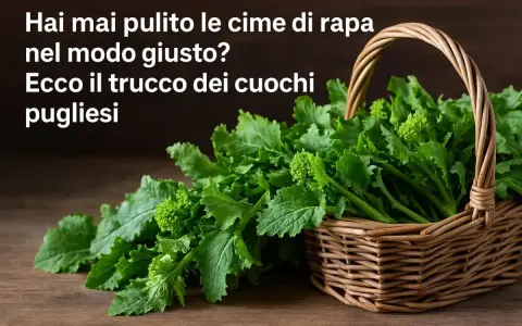 Un cesto di vimini trabocca di fresche cime di rapa, pronte per essere pulite secondo il trucco dei cuochi pugliesi.