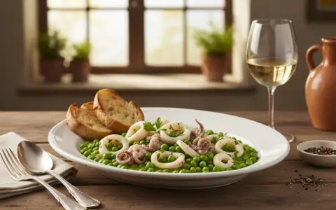Piatto di seppie con piselli, accompagnato da pane tostato e un bicchiere di vino bianco.