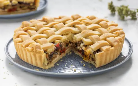 Una crostata morbida salata con verdure miste, peperoni e melanzane, ricoperta da una griglia di pasta dorata.