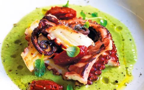 Delizioso polpo alla griglia servito su una crema verde brillante, guarnito con pomodori secchi e erbe fresche.