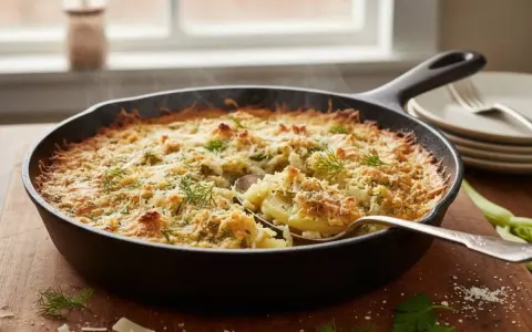 Finoçchi gratinati al forno fumanti in padella, con crosticina dorata e erbe fresche. Un piatto invitante e saporito.