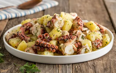 Delizioso polpo con patate, condito con prezzemolo fresco, servito in un piatto bianco su un tavolo di legno rustico.