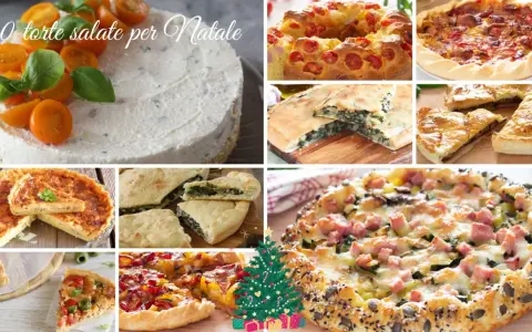 Collage di torte salate e pizze, perfetti antipasti di Natale. Diverse varietà, alcune con pomodorini, spinaci, formaggio e salumi.