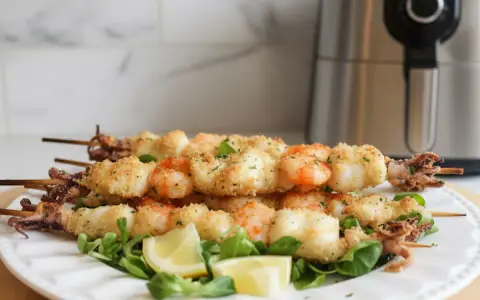 Spiedini di pesce croccanti, con gamberi e calamari impanati, serviti su un letto di insalata con spicchi di limone.