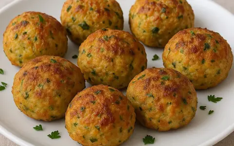 Polpette dorate di zucchine e tonno, guarnite con prezzemolo fresco, pronte per essere gustate.