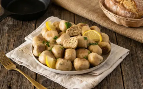 Piatto di polpette tonno e ricotta, guarnite con limone e prezzemolo, su un tavolo di legno rustico.