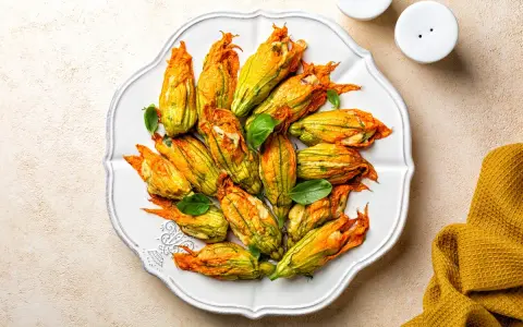 Fiori di zucca al forno ripieni, dorati e invitanti, disposti su un piatto bianco, con foglie di basilico fresco.