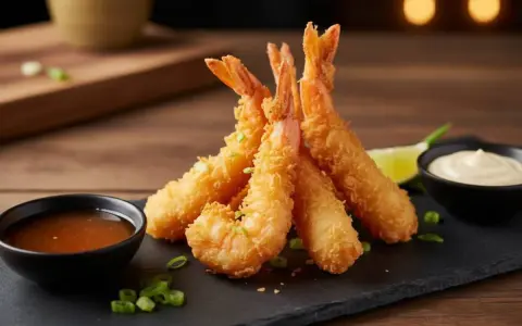 Gamberi in tempura dorati e croccanti, serviti con salse e lime. Un piacere per il palato.