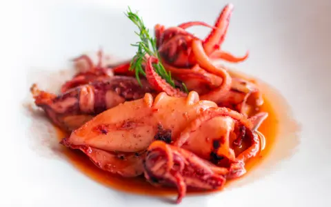 Totani in umido succulenti, cotti lentamente in un sugo saporito, guarniti con un rametto di finocchietto.