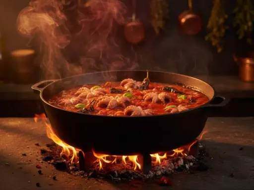 Polipetti in purgatorio, cotti lentamente in un sugo rosso piccante, emanano un vapore invitante.