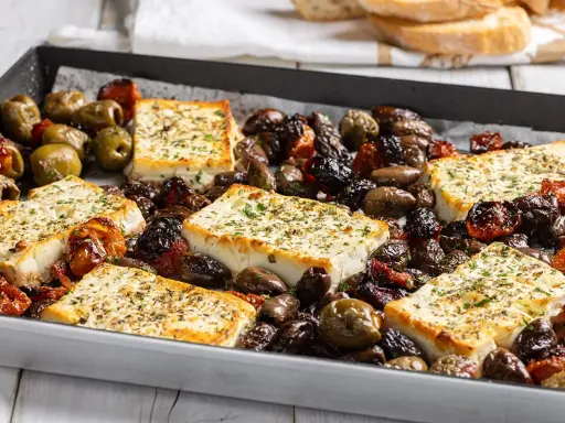 Feta al forno con olive e pomodorini secchi, un piatto saporito e profumato, pronto per essere gustato.