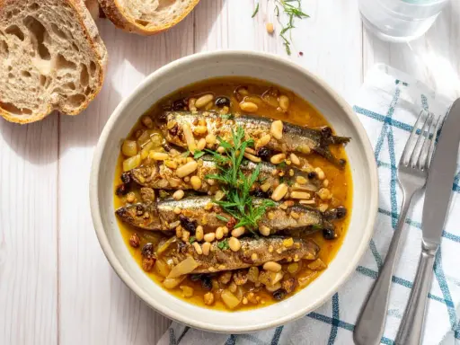 Sarde in saor, un piatto veneziano con sarde, cipolle, pinoli e uvetta, servito in una ciotola con pane rustico.