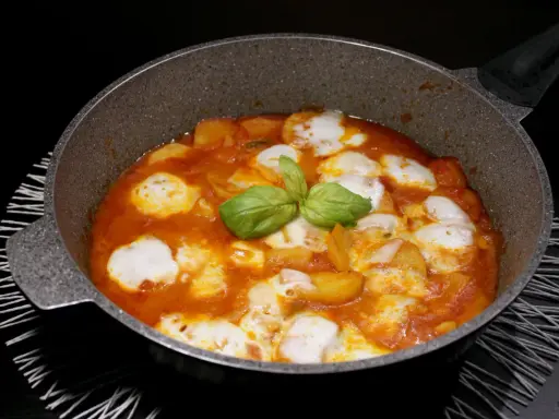 Patate alla pizzaiola in padella, con mozzarella filante e basilico fresco. Un piatto gustoso e invitante.