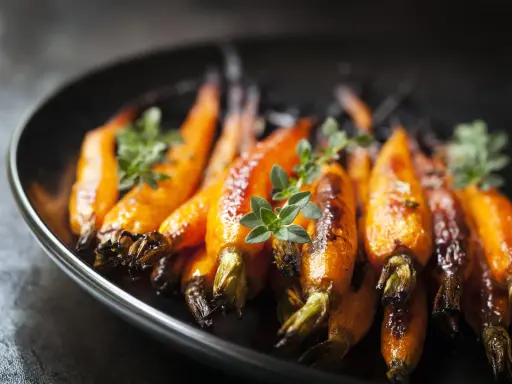 Carote caramellate e dorate, cotte in friggitrice ad aria, guarnite con erbe aromatiche fresche su un piatto scuro.