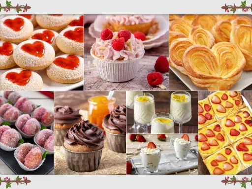 Dolci per la festa della mamma: biscotti a cuore, cupcake, pasticcini sfogliati, dolcetti alla pesca, mousse e crostata di fragole.