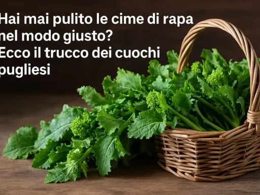 Un cesto di vimini trabocca di fresche cime di rapa, pronte per essere pulite secondo il trucco dei cuochi pugliesi.