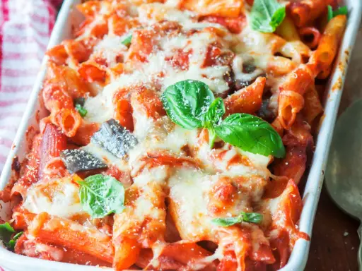 Penne al forno con melanzane, pomodoro e abbondante formaggio filante, guarnite con basilico fresco.