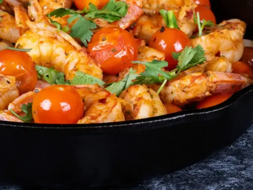 Gamberoni in padella succulenti, cotti con pomodorini e profumati aromi, pronti per essere gustati.