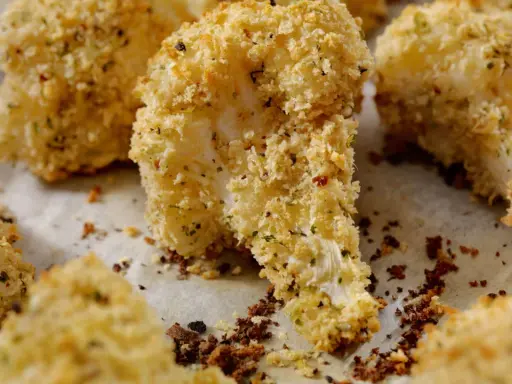 Cavolfiore al forno con pangrattato e formaggio, croccante e dorato, pronto per essere gustato.