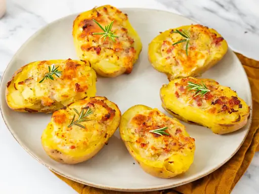 Patate ripiene al forno, dorate e gratinate, guarnite con rosmarino fresco. Un piatto invitante e saporito.